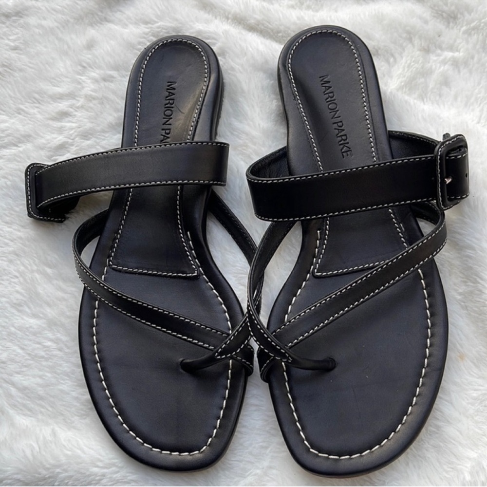 Marion Parke Black "Hayley" leather buckle Women's Sandals $550 sz 10/40
